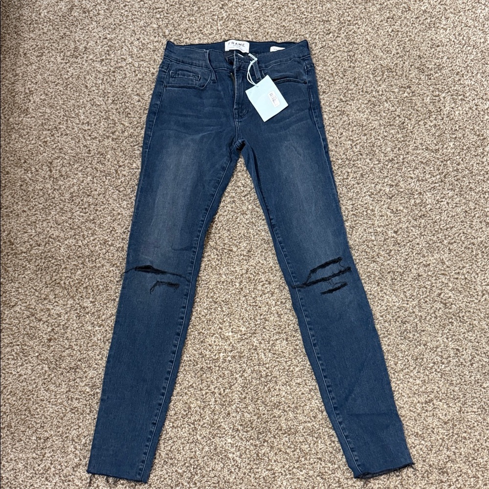 Frame Denim Skinny Jeans in Dark Blue with Knee Rips